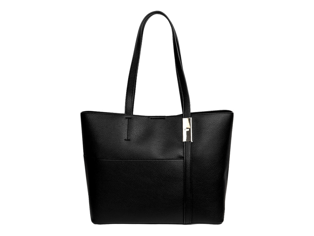 Bolso de hombro DKNY color negro con textura granulada y detalle metálico dorado en el asa.
