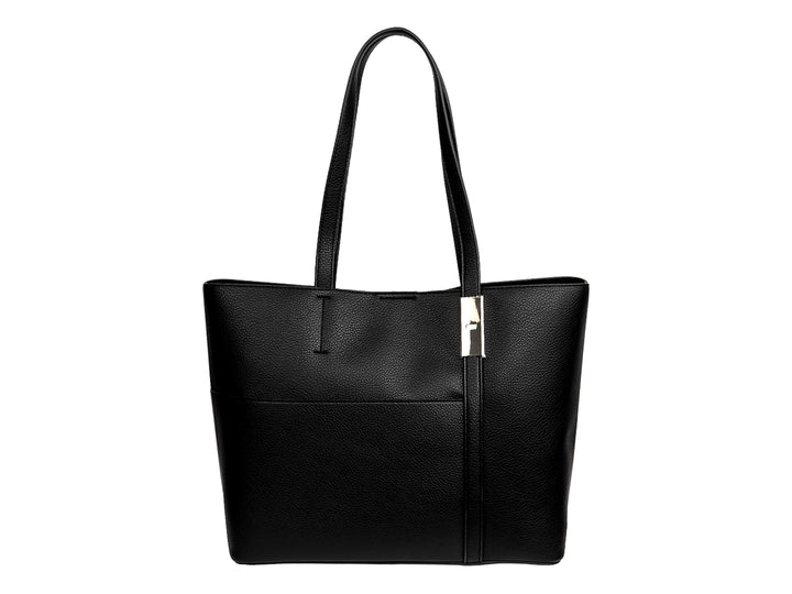Bolso de hombro DKNY color negro con textura granulada y detalle metálico dorado en el asa.