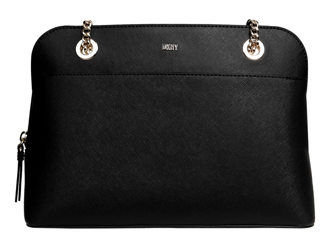 Bolso negro DKNY con detalles dorados y asas de cadena.