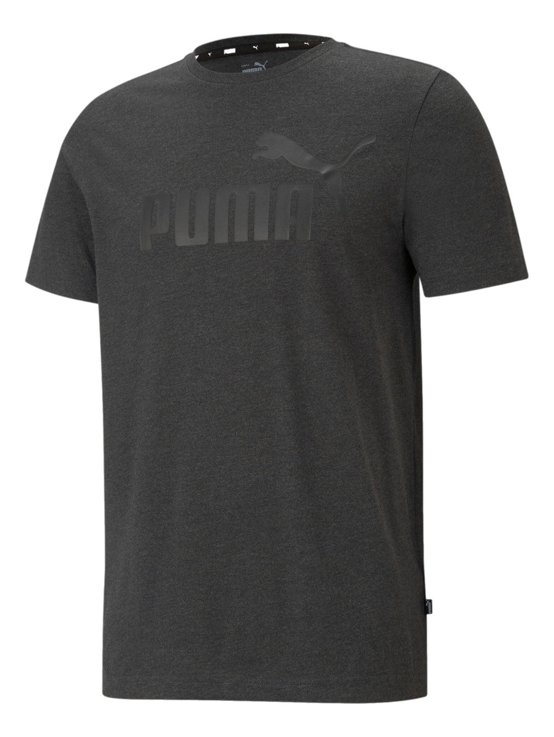 Playera PUMA color gris oscuro jaspeado con cuello redondo y manga corta.