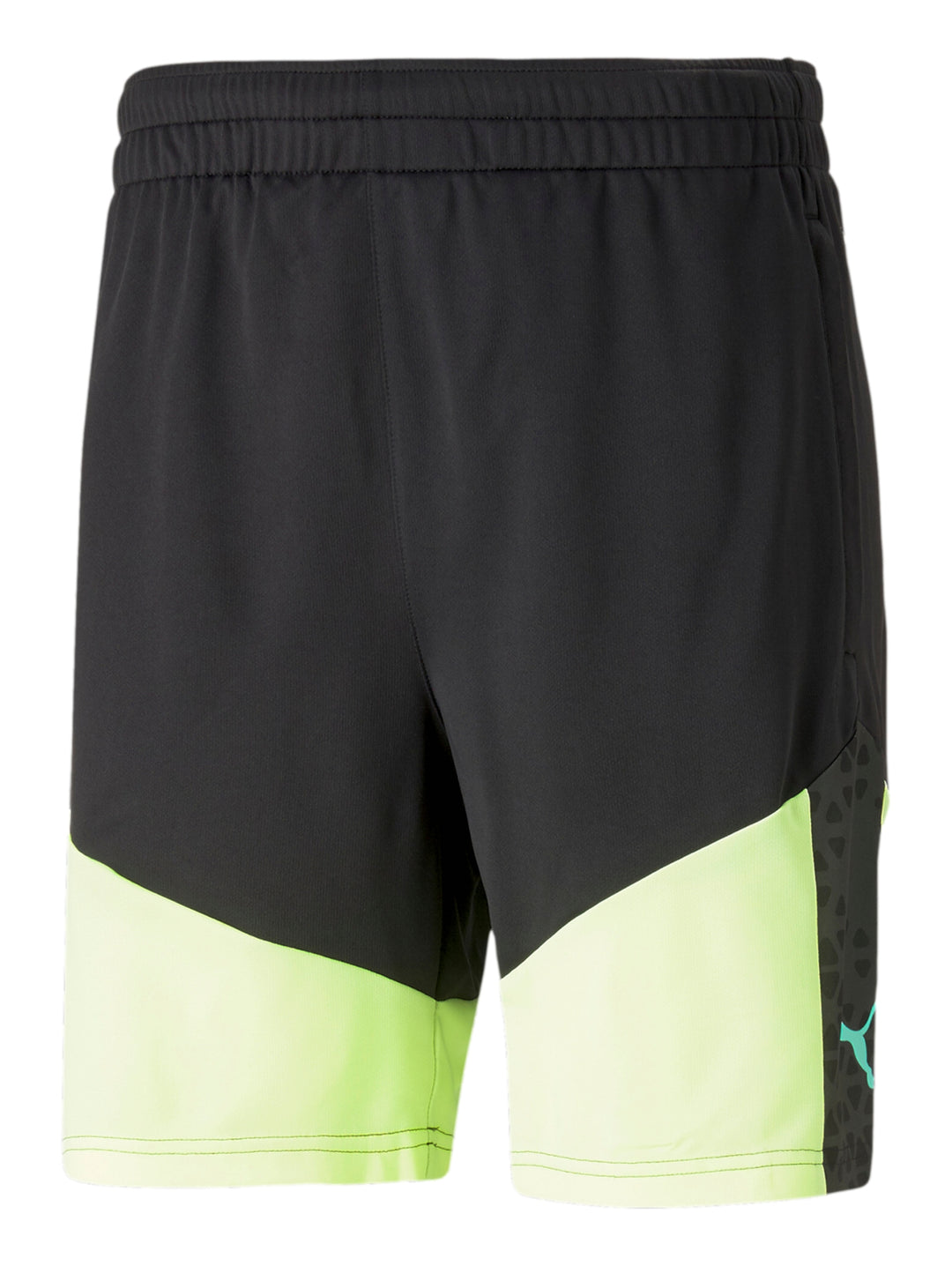 Shorts deportivos PUMA en colores negro y amarillo neón con cintura elástica.