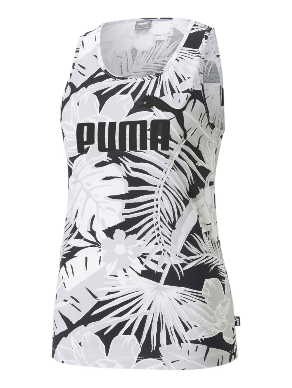 Mujer vistiendo camiseta sin mangas PUMA blanca con estampado de hojas negras y logotipo frontal.
