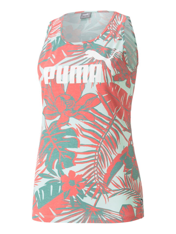 Camiseta sin mangas PUMA con estampado floral tropical en colores menta y coral.