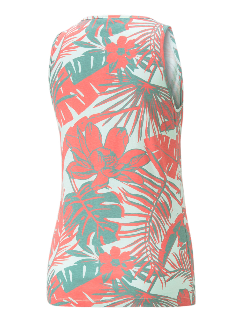 Camiseta sin mangas PUMA con estampado floral tropical en colores menta y coral.