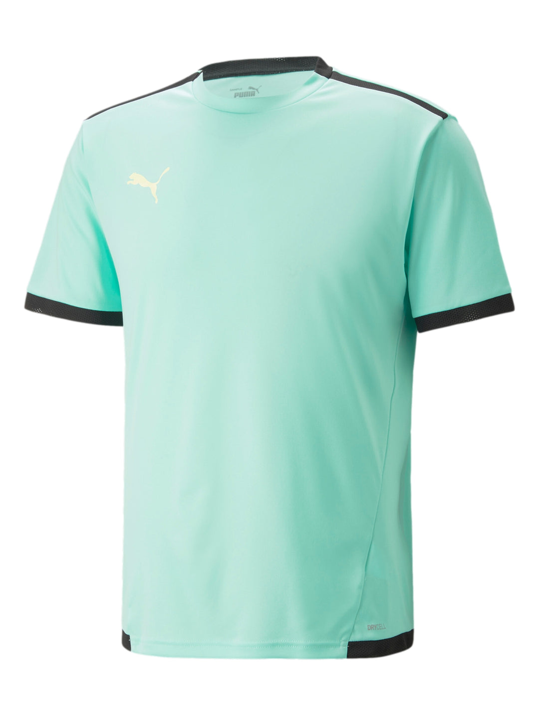 Jersey deportivo PUMA color verde menta con detalles negros en mangas y cintura.