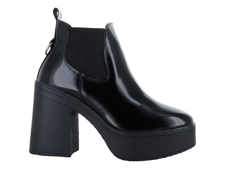 Botines negros de alto brillo con tacón grueso y plataforma ancha para niña.