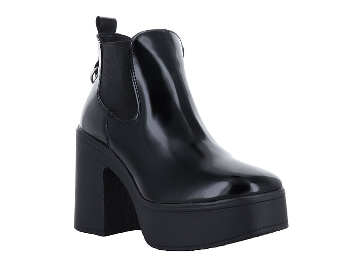 Botines negros de alto brillo con tacón grueso y plataforma ancha para niña.