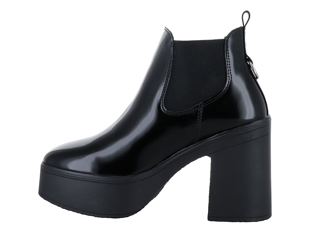 Botines negros de alto brillo con tacón grueso y plataforma ancha para niña.