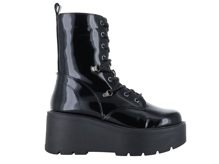 Bota de charol negro con plataforma alta y agujetas para mujer.