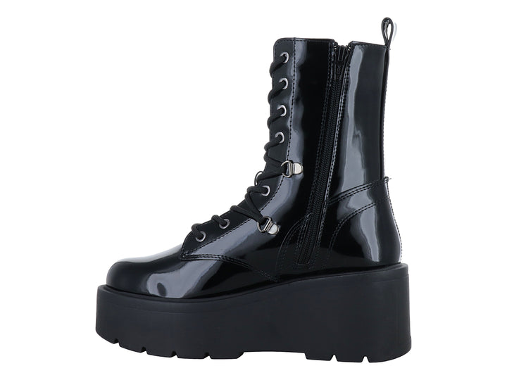 Bota de charol negro con plataforma alta y agujetas para mujer.