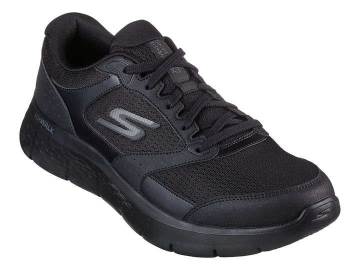 Tenis deportivos Skechers Go Walk Flex en color negro con suela flexible y detalles en malla.