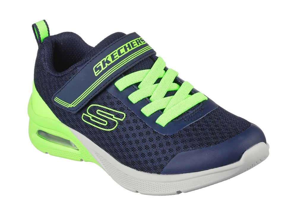 Tenis deportivos Skechers para niño en color azul marino y verde lima con cierre de velcro y agujetas.