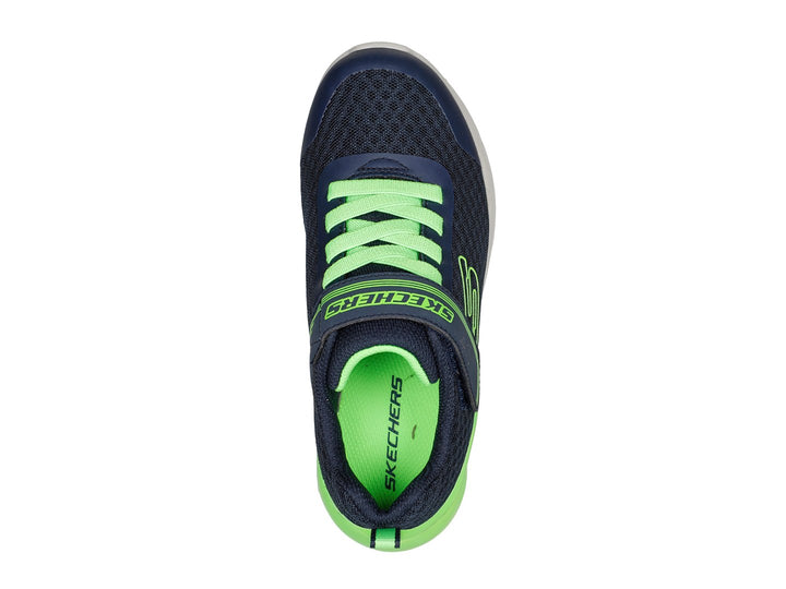 Tenis deportivos Skechers para niño en color azul marino y verde lima con cierre de velcro y agujetas.