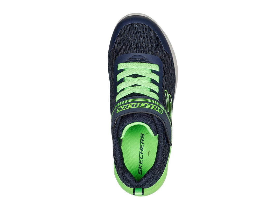 Tenis deportivos Skechers para niño en color azul marino y verde lima con cierre de velcro.