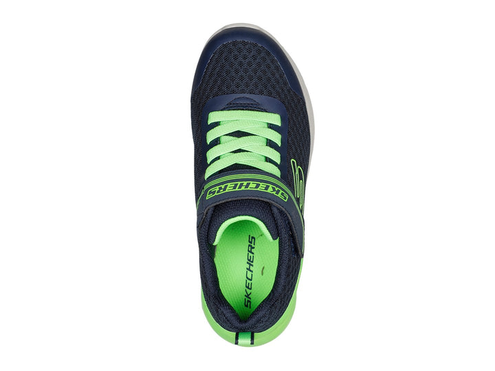 Tenis deportivos Skechers para niño en color azul marino y verde lima con cierre de velcro.