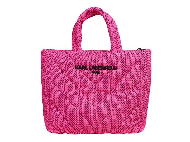 Bolso de mano color fucsia con diseño acolchado y logotipo de Karl Lagerfeld en negro.