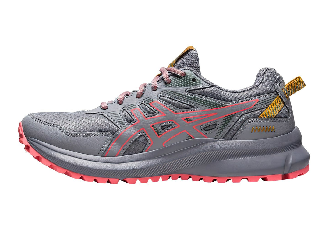 Tenis deportivos ASICS Trail Scout 2 color gris con detalles en papaya y suela para trail.