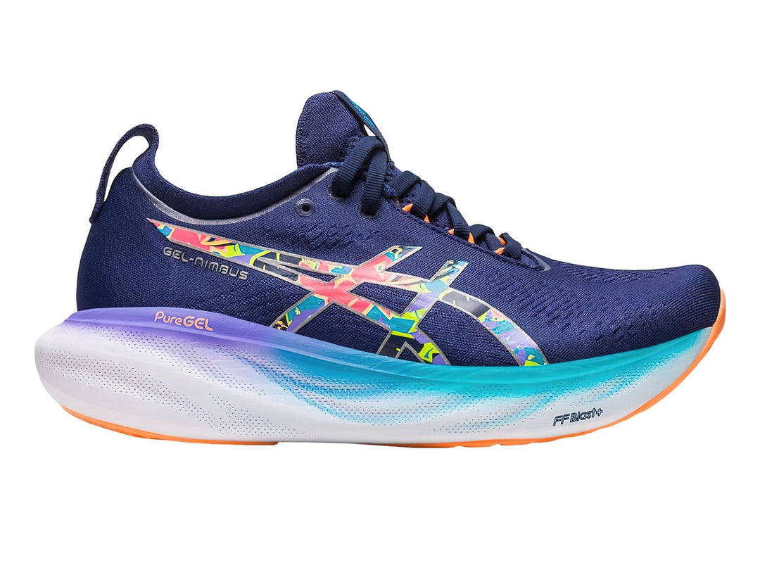 Tenis deportivos ASICS GEL-NIMBUS 25 color azul con suela blanca y detalles coloridos.