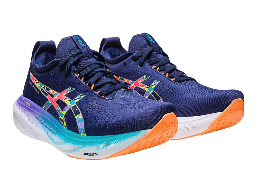 Tenis deportivos ASICS GEL-NIMBUS 25 color azul con suela blanca y detalles coloridos.