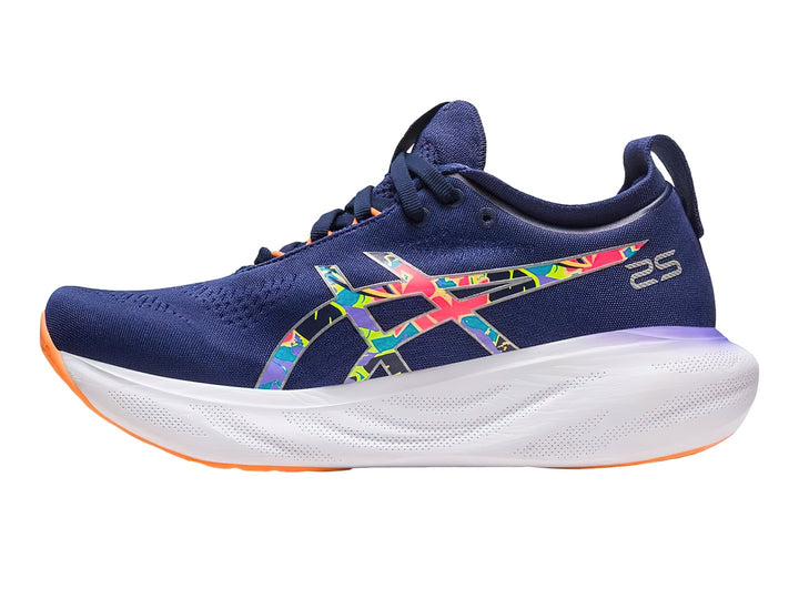 Tenis deportivos ASICS GEL-NIMBUS 25 color azul con suela blanca y detalles coloridos.