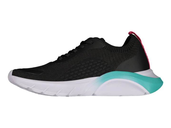 Tenis deportivos Charly en color negro con detalles en turquesa y rosa, suela blanca gruesa.