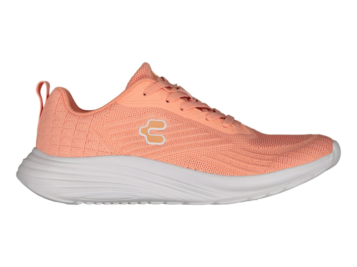 Tenis deportivos Charly en color coral con suela blanca y tejido transpirable.