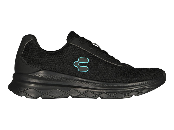 Tenis deportivos Charly color negro con suela gruesa y logo lateral en azul claro.