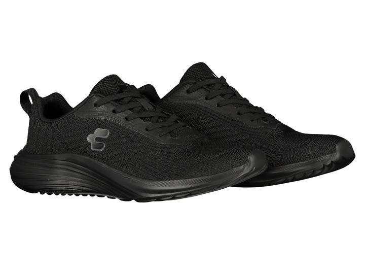 Par de tenis deportivos Charly en color negro con tejido de malla y suela negra.