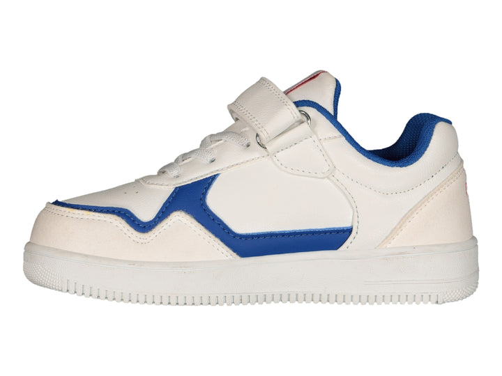 Tenis deportivos blancos con detalles en azul, cierre de velcro y agujetas.