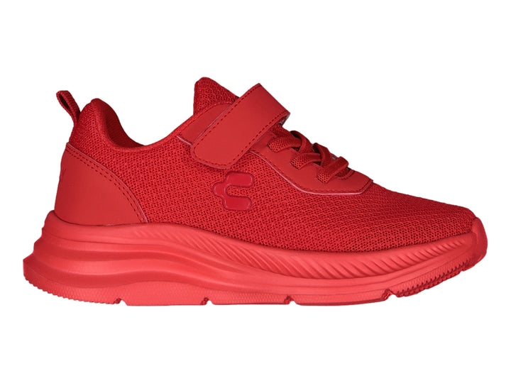 Tenis deportivos color rojo marca Charly con cierre de velcro y agujetas.