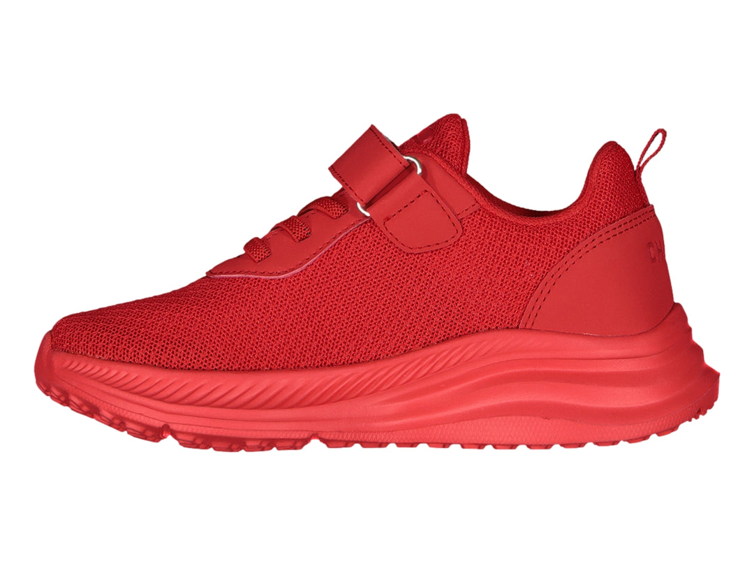 Tenis deportivos color rojo marca Charly con cierre de velcro y agujetas.