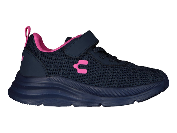 Tenis deportivos Charly para niña en color azul marino con detalles en rosa y cierre de correa velcro.