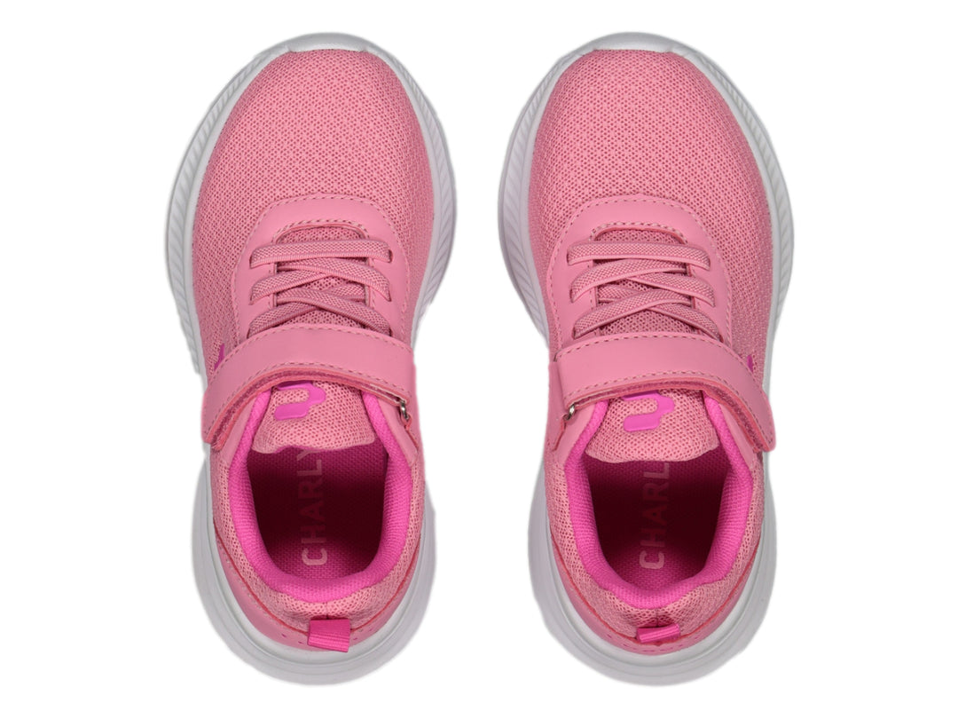 Tenis deportivos Charly color rosa con suela blanca y cierre de velcro.