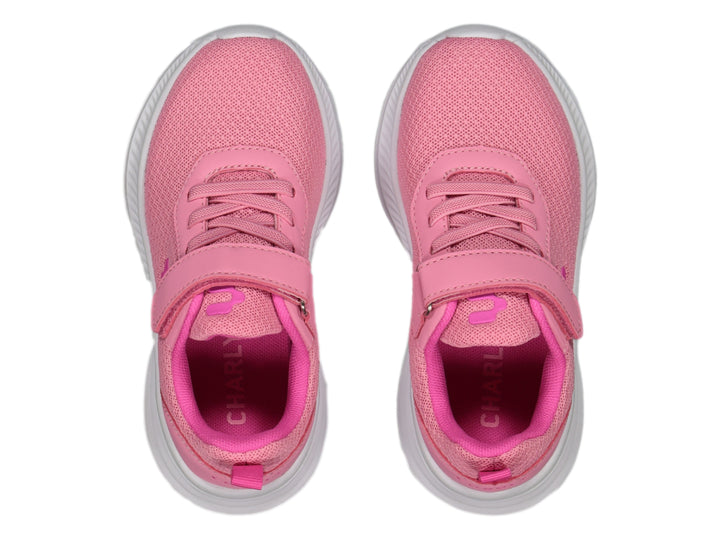 Tenis deportivos Charly color rosa con suela blanca y cierre de velcro.