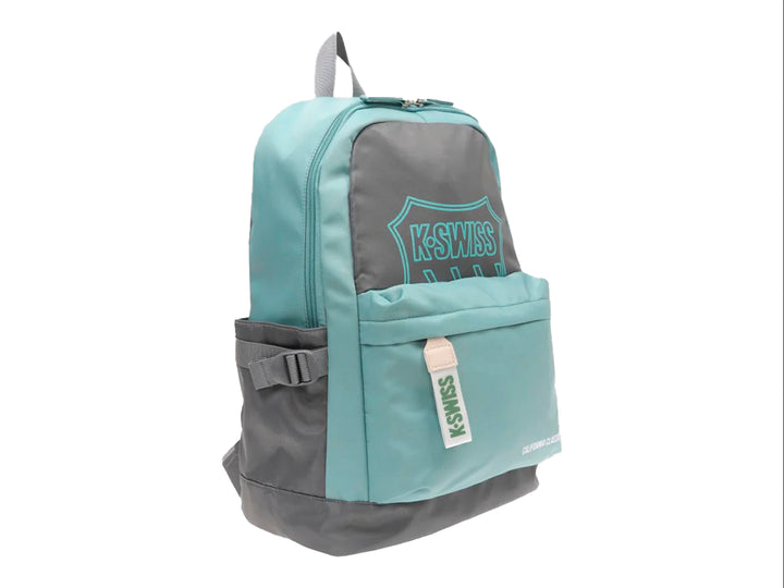 Mochila escolar K-Swiss color verde y gris con logotipo frontal y bolsillo delantero.