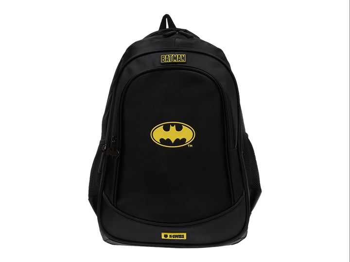 Mochila negra K-Swiss con logotipo amarillo de Batman en el centro.