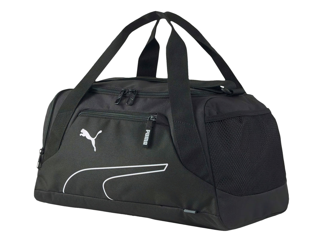 Bolsa de deporte PUMA Fundamentals XS en color negro con logotipo blanco y asas superiores.