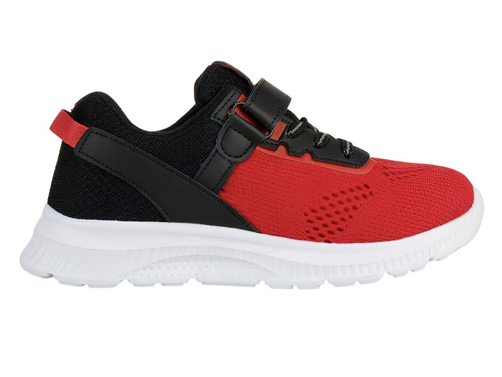 Tenis deportivos infantiles Lotto en colores rojo y negro con suela blanca y cierre de velcro.