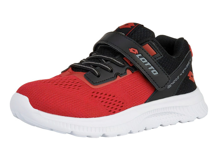 Tenis deportivos infantiles Lotto en colores rojo y negro con suela blanca y cierre de velcro.