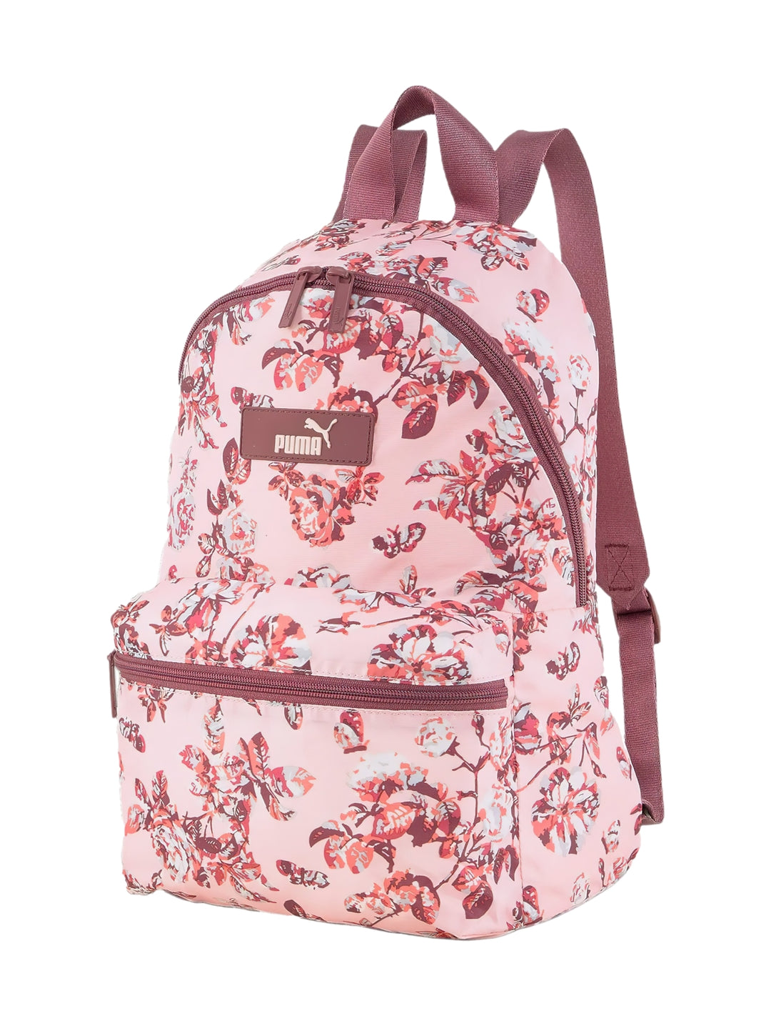 Mochila PUMA color rosa con estampado floral en tonos guinda y rosa, con bolsillo frontal y correas ajustables.