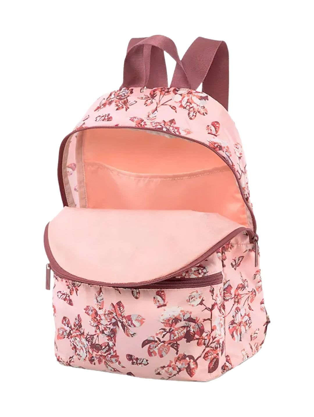 Mochila PUMA color rosa con estampado floral en tonos guinda y rosa, con bolsillo frontal y correas ajustables.