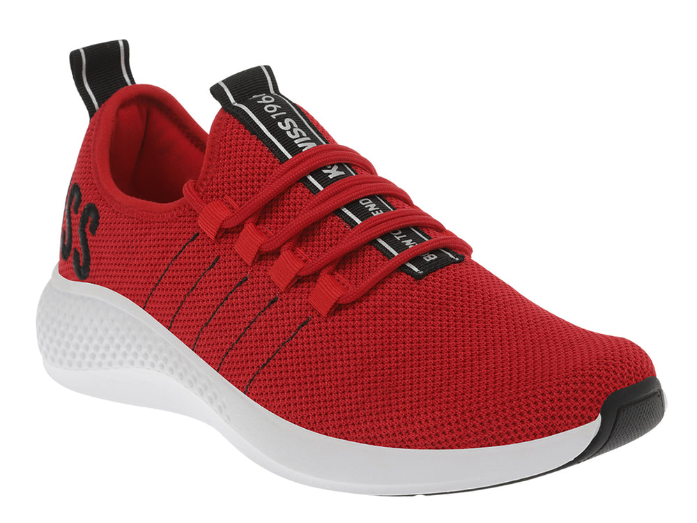 Tenis deportivos K-Swiss color rojo con suela blanca y detalles en negro.