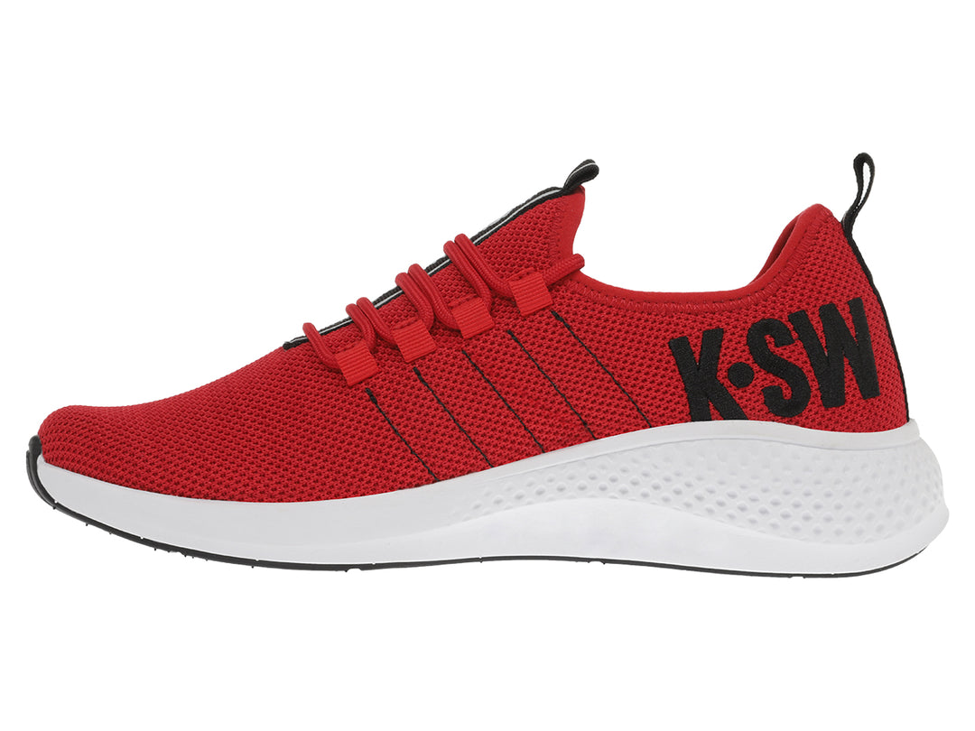 Tenis deportivos K-Swiss color rojo con suela blanca y detalles en negro.