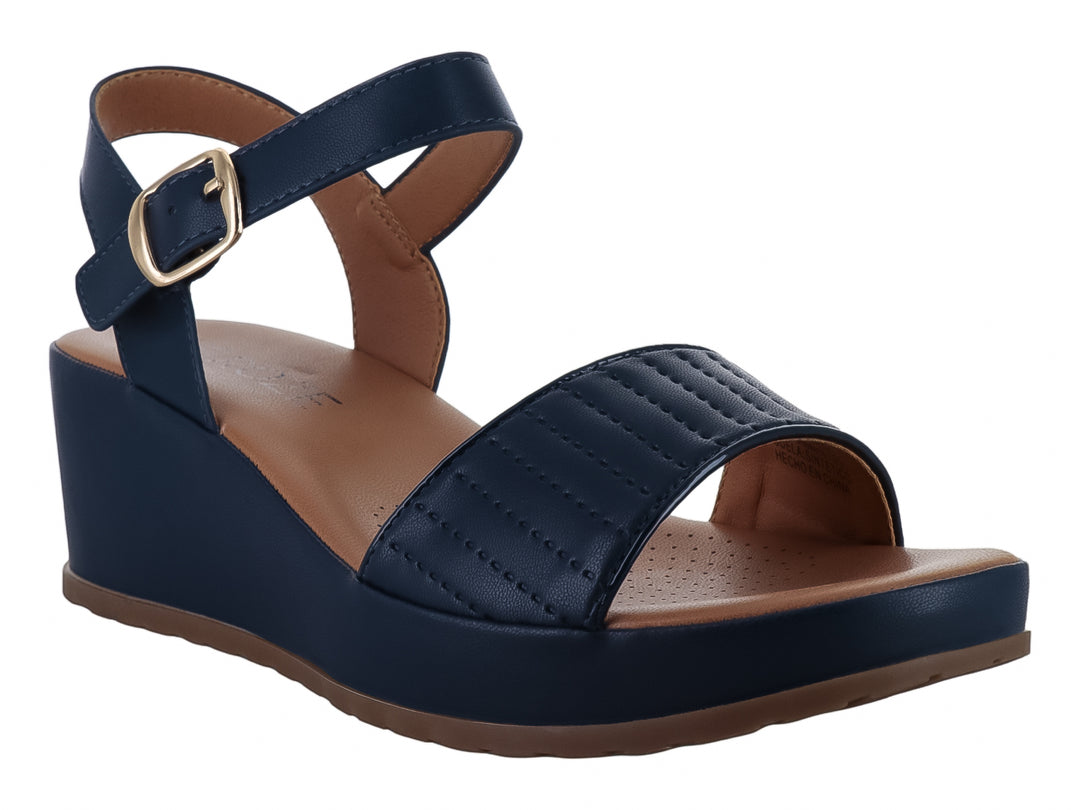 Sandalia de plataforma color navy con correa al tobillo, hebilla dorada y tira frontal acolchada para Mujer.