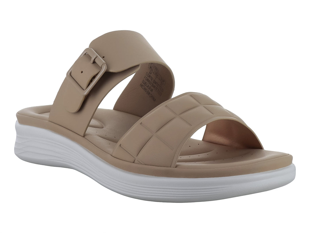 Sandalia beige de plataforma con correa ajustable y suela blanca para mujer.