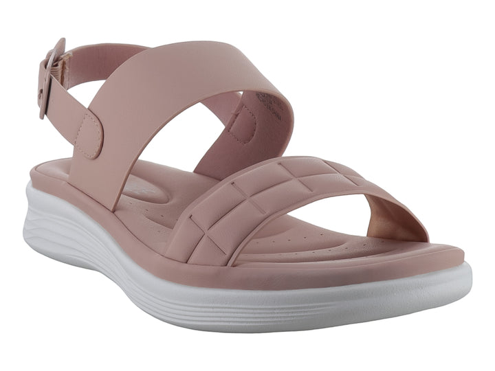 Sandalia de plataforma color nude con tiras anchas y suela blanca para mujer.