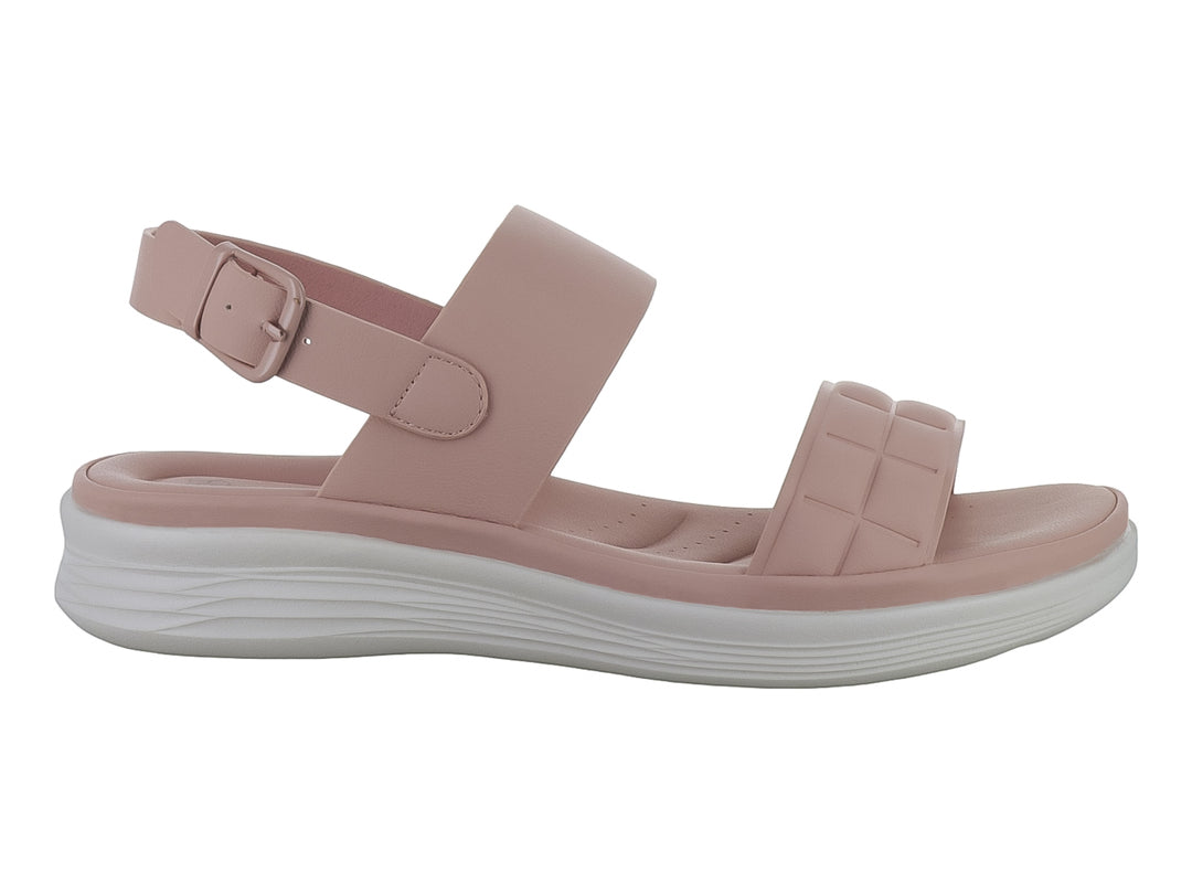 Sandalia de plataforma color nude con tiras anchas y suela blanca para mujer.