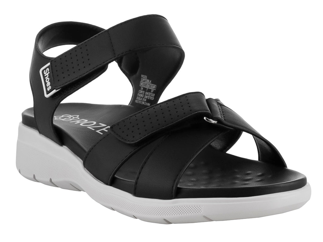 Sandalia ROZE color negro con suela blanca, correas ajustables de velcro y diseño casual.