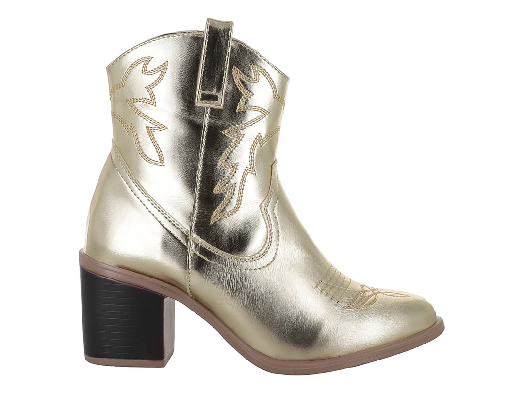 Bota vaquera para mujer en color dorado metálico con tacón grueso y detalles ornamentales.