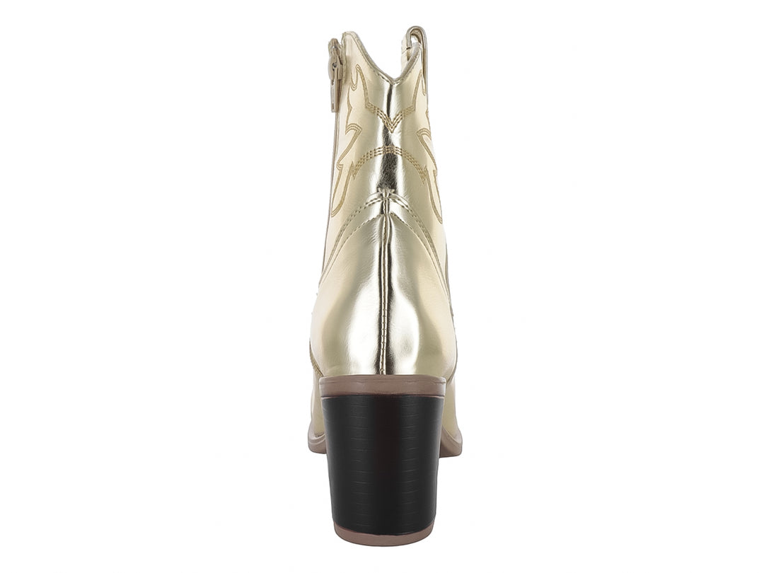Bota vaquera para mujer en color dorado metálico con tacón grueso y detalles ornamentales.